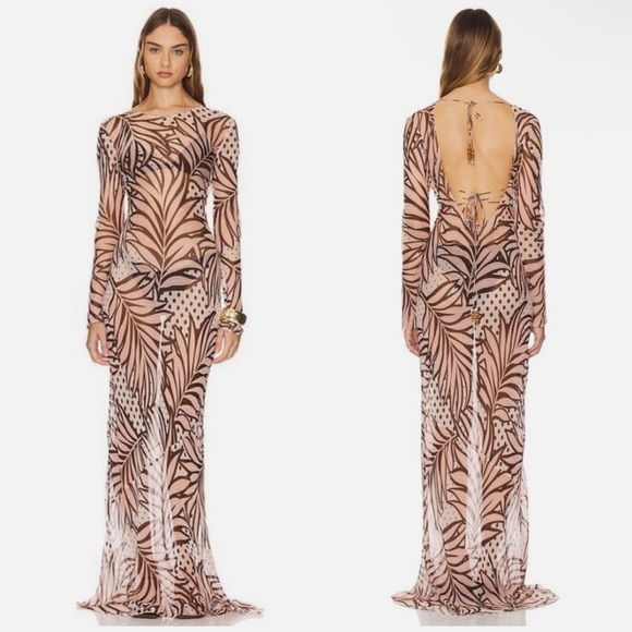 Retrofete Vienna silk dress long sleeve sheer polka dot leaves Brown Maxi Dress - Picture 6 of 6